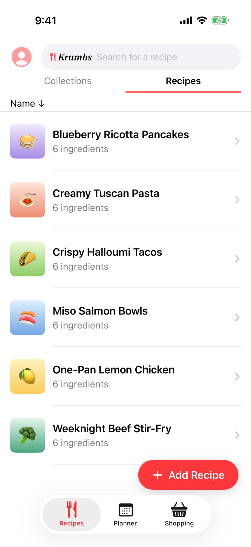 Krumbs recipe library showing saved recipes with photos