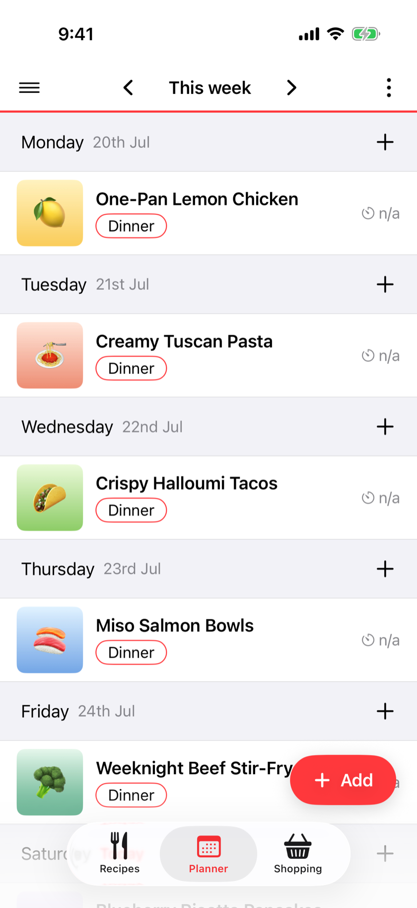 Krumbs weekly meal planner with dinners planned across the week