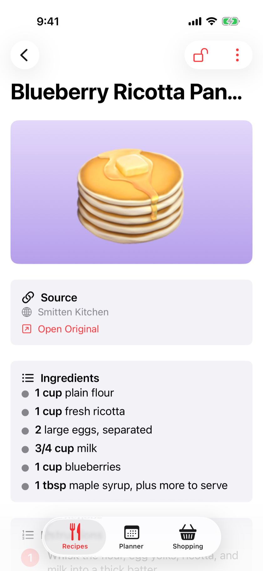 A recipe card in Krumbs with clean ingredients and step-by-step instructions