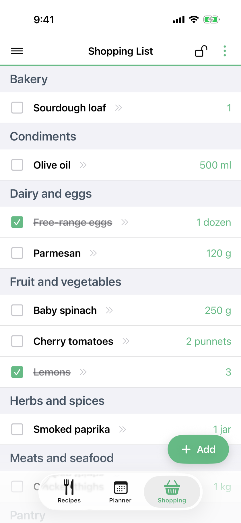 Krumbs shopping list grouped by aisle with items checked off